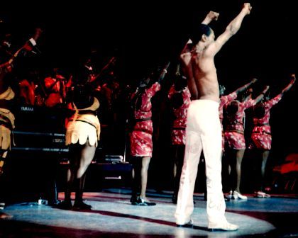 Fela Anikulapo Kuti, Apollo Theater, NYC, 1989.  Photo credit: Gordon Polatnick